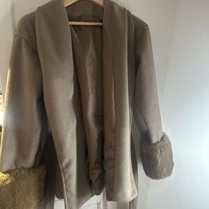 Women's Tan Coat with Faux Fur Cuffs